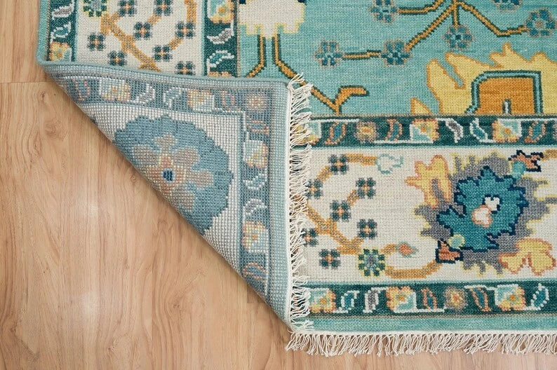 Vibrant Aqua and Ivory 8x10 Hand Knotted Oriental Oushak Floral Wool Area Rug