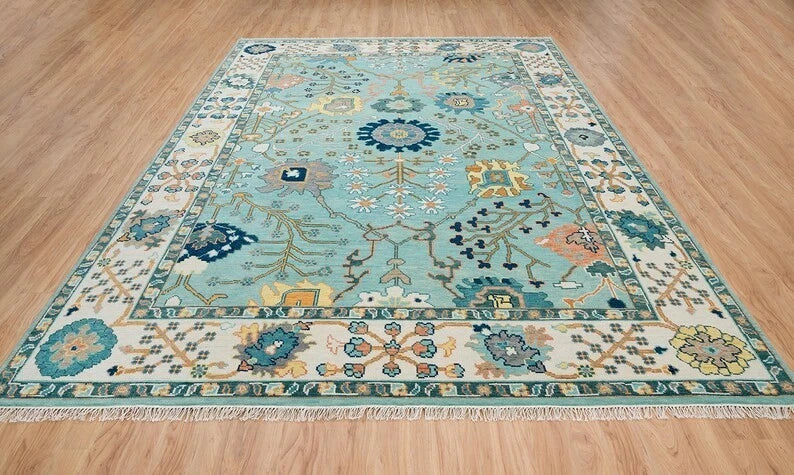 Vibrant Aqua and Ivory 8x10 Hand Knotted Oriental Oushak Floral Wool Area Rug