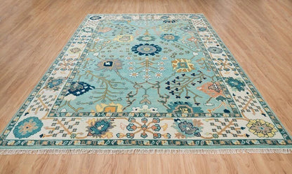 Vibrant Aqua and Ivory 8x10 Hand Knotted Oriental Oushak Floral Wool Area Rug