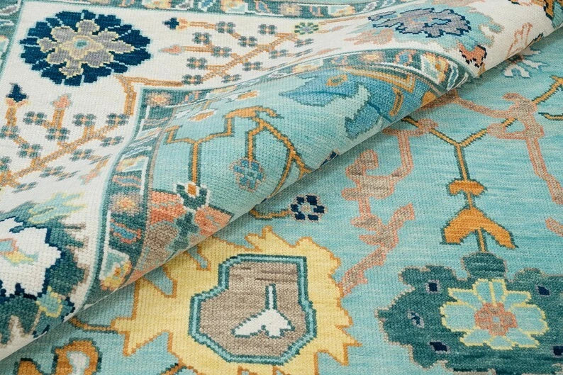 Vibrant Aqua and Ivory 8x10 Hand Knotted Oriental Oushak Floral Wool Area Rug