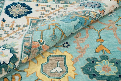 Vibrant Aqua and Ivory 8x10 Hand Knotted Oriental Oushak Floral Wool Area Rug
