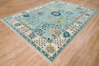 Vibrant Aqua and Ivory 8x10 Hand Knotted Oriental Oushak Floral Wool Area Rug