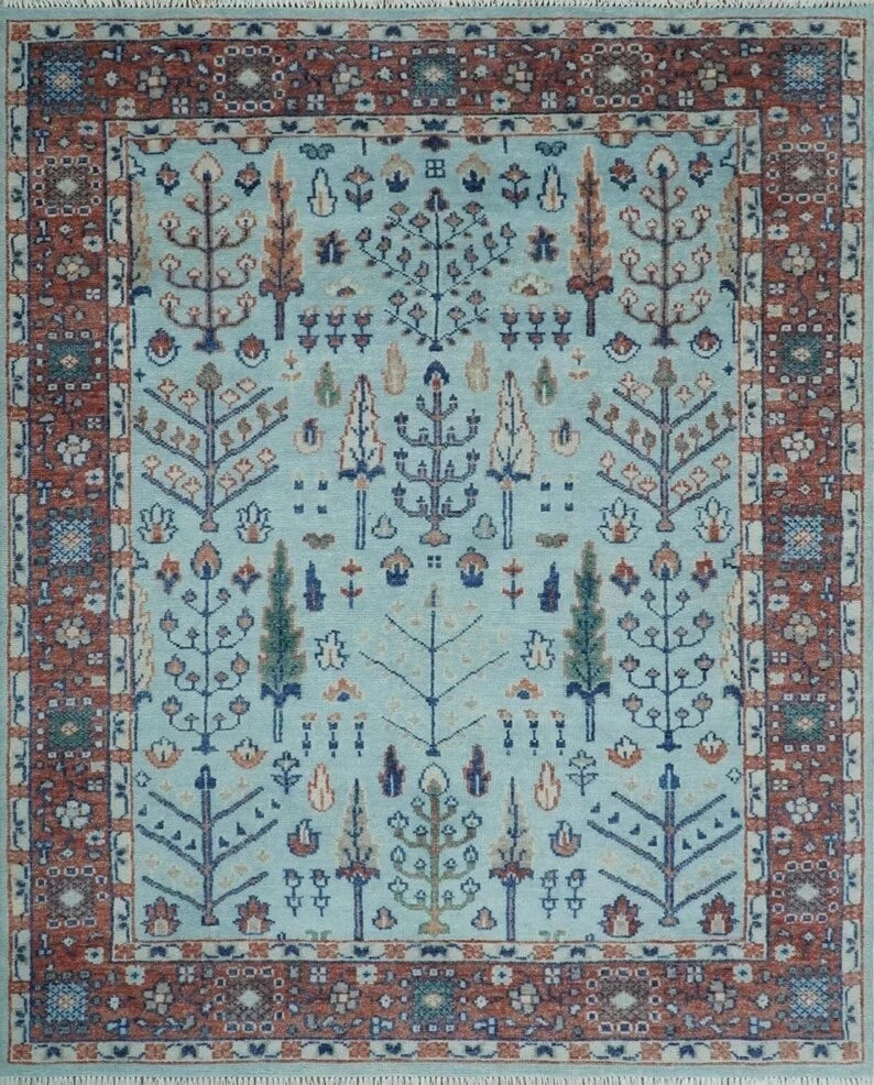 8x10 Soft Blue and Rust Tree of Life Hand Knotted Botanical Wool Area Rug