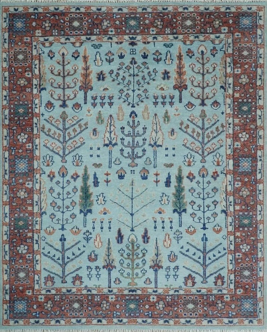 8x10 Soft Blue and Rust Tree of Life Hand Knotted Botanical Wool Area Rug