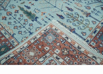 8x10 Soft Blue and Rust Tree of Life Hand Knotted Botanical Wool Area Rug