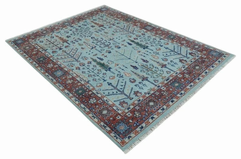 8x10 Soft Blue and Rust Tree of Life Hand Knotted Botanical Wool Area Rug
