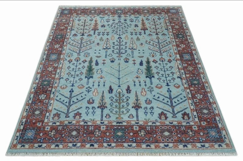 8x10 Soft Blue and Rust Tree of Life Hand Knotted Botanical Wool Area Rug