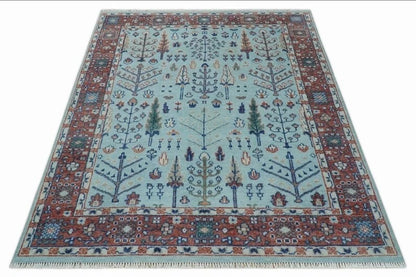 8x10 Soft Blue and Rust Tree of Life Hand Knotted Botanical Wool Area Rug