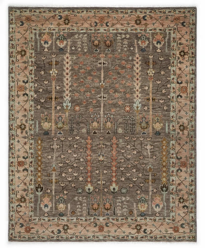 Tree of Life Charcoal and Beige Vintage Antique Hand Knotted 8x10 Wool Area Rug