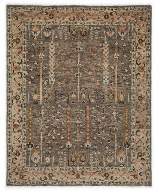 Tree of Life Charcoal and Beige Vintage Antique Hand Knotted 8x10 Wool Area Rug