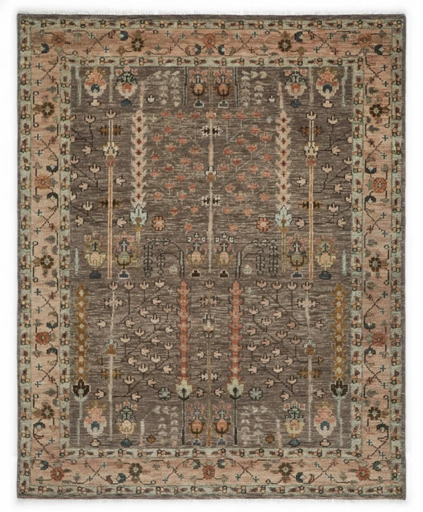 Tree of Life Charcoal and Beige Vintage Antique Hand Knotted 8x10 Wool Area Rug