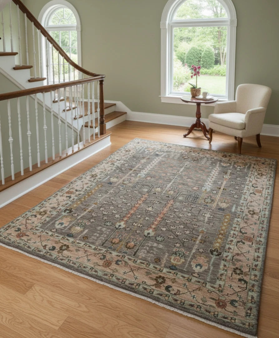 Tree of Life Charcoal and Beige Vintage Antique Hand Knotted 8x10 Wool Area Rug