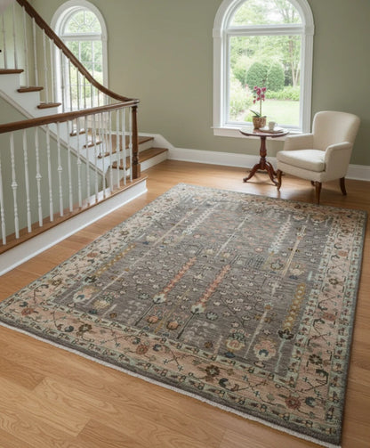 Tree of Life Charcoal and Beige Vintage Antique Hand Knotted 8x10 Wool Area Rug