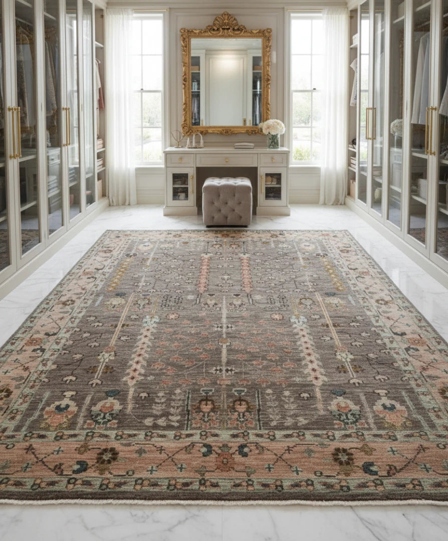 Tree of Life Charcoal and Beige Vintage Antique Hand Knotted 8x10 Wool Area Rug