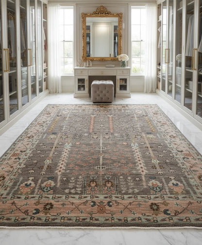 Tree of Life Charcoal and Beige Vintage Antique Hand Knotted 8x10 Wool Area Rug