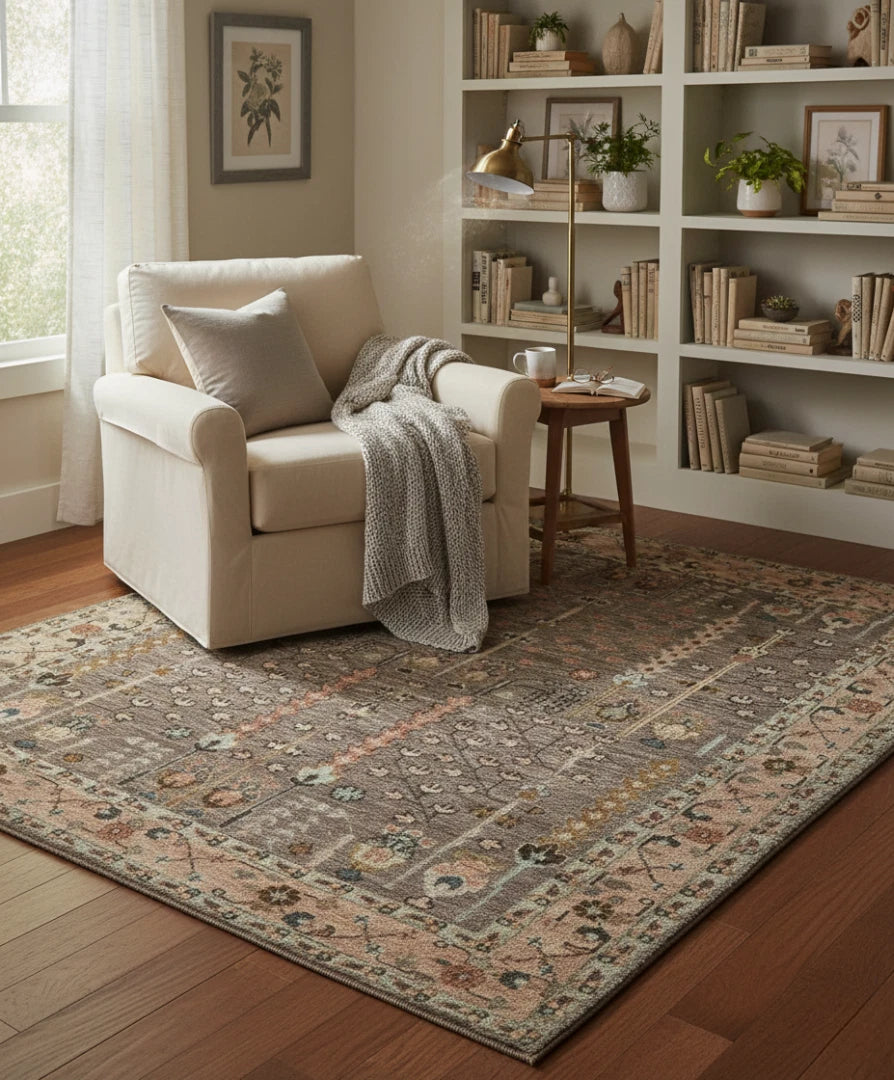 Tree of Life Charcoal and Beige Vintage Antique Hand Knotted 8x10 Wool Area Rug