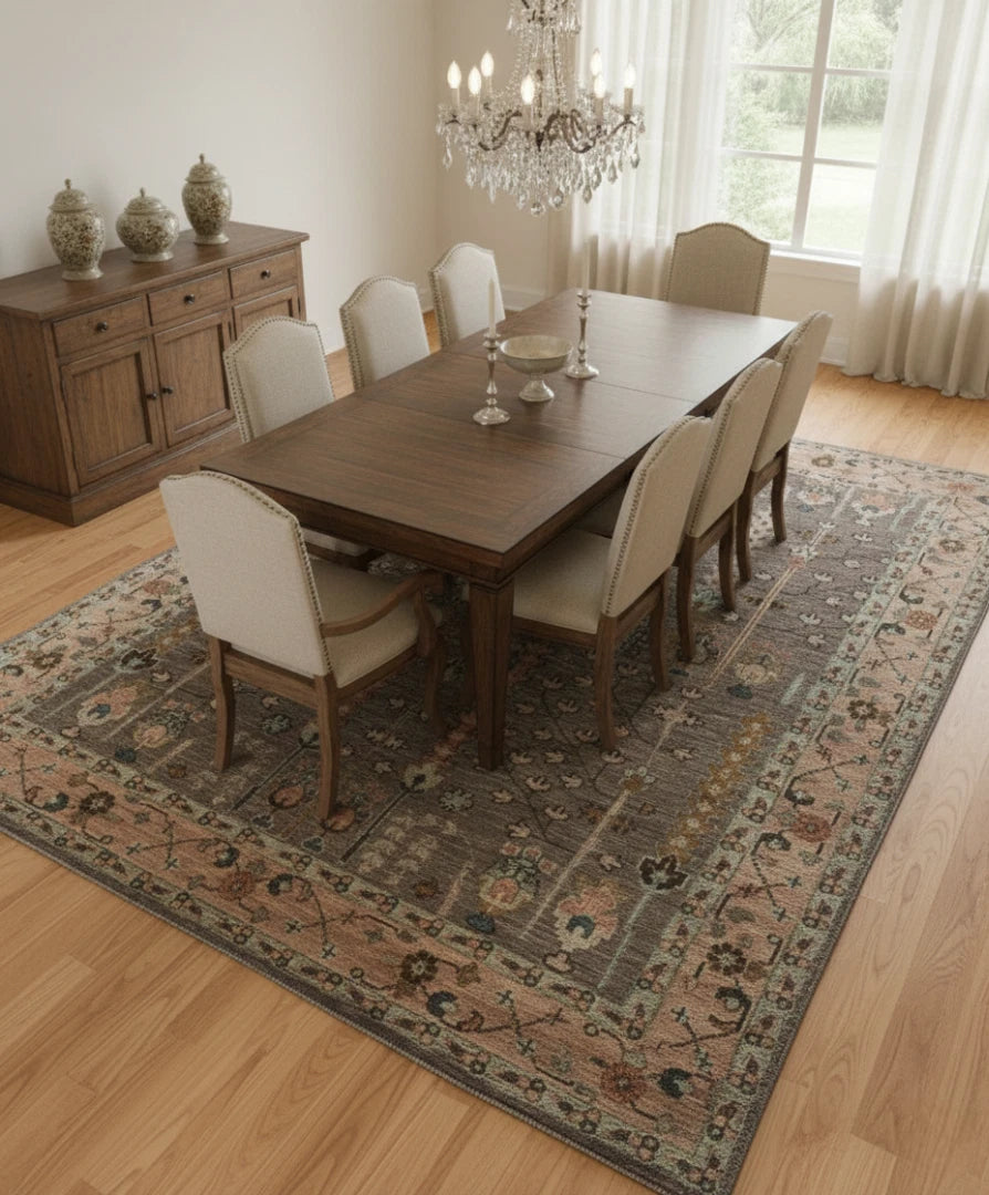 Tree of Life Charcoal and Beige Vintage Antique Hand Knotted 8x10 Wool Area Rug