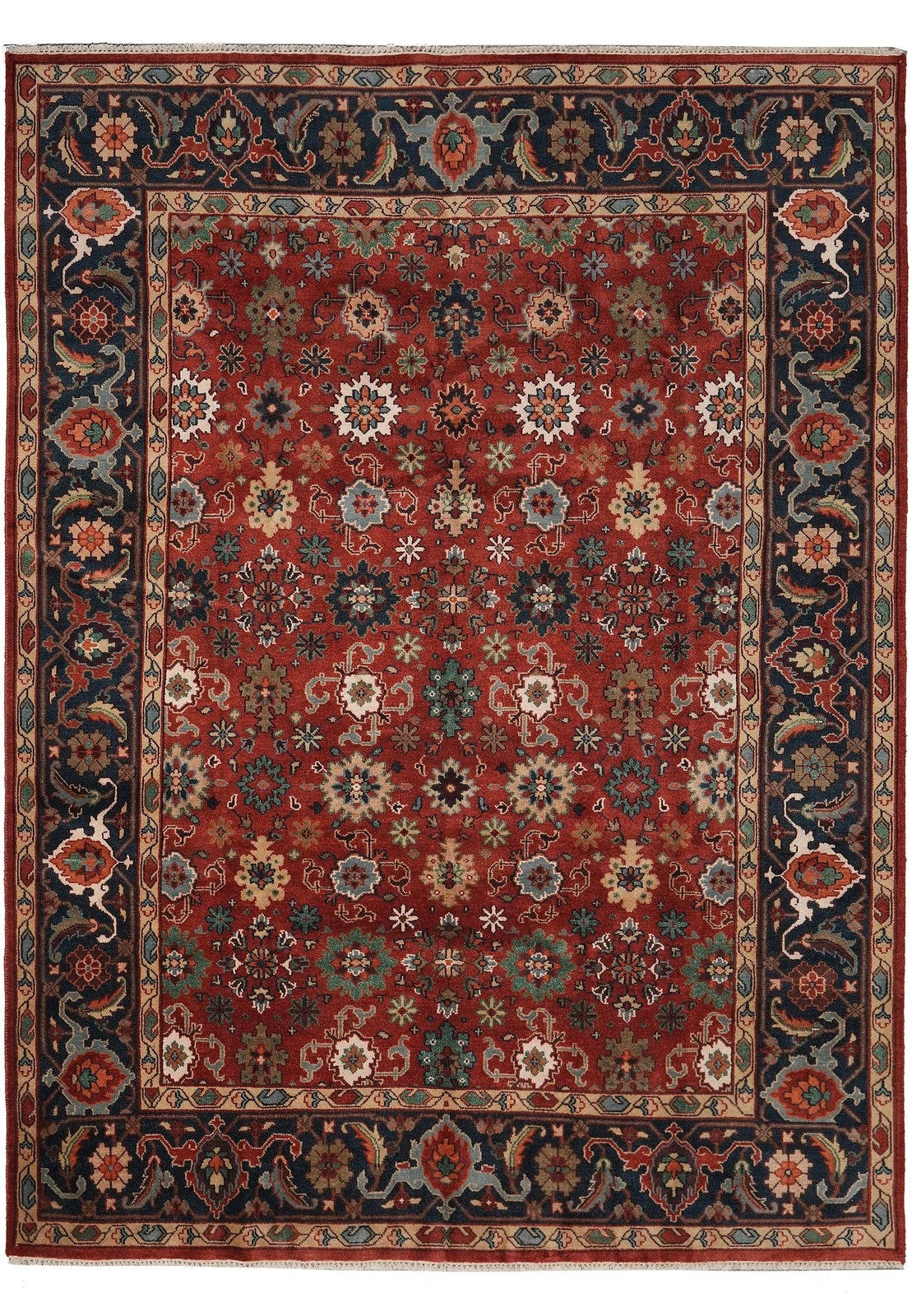 All-Over Floral Oushak Crimson Red and Navy 8x10 Hand Knotted Wool Area Rug