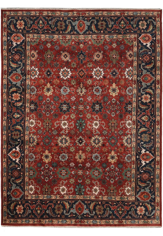 All-Over Floral Oushak Crimson Red and Navy 8x10 Hand Knotted Wool Area Rug