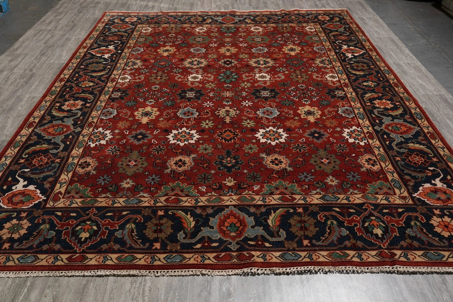 All-Over Floral Oushak Crimson Red and Navy 8x10 Hand Knotted Wool Area Rug