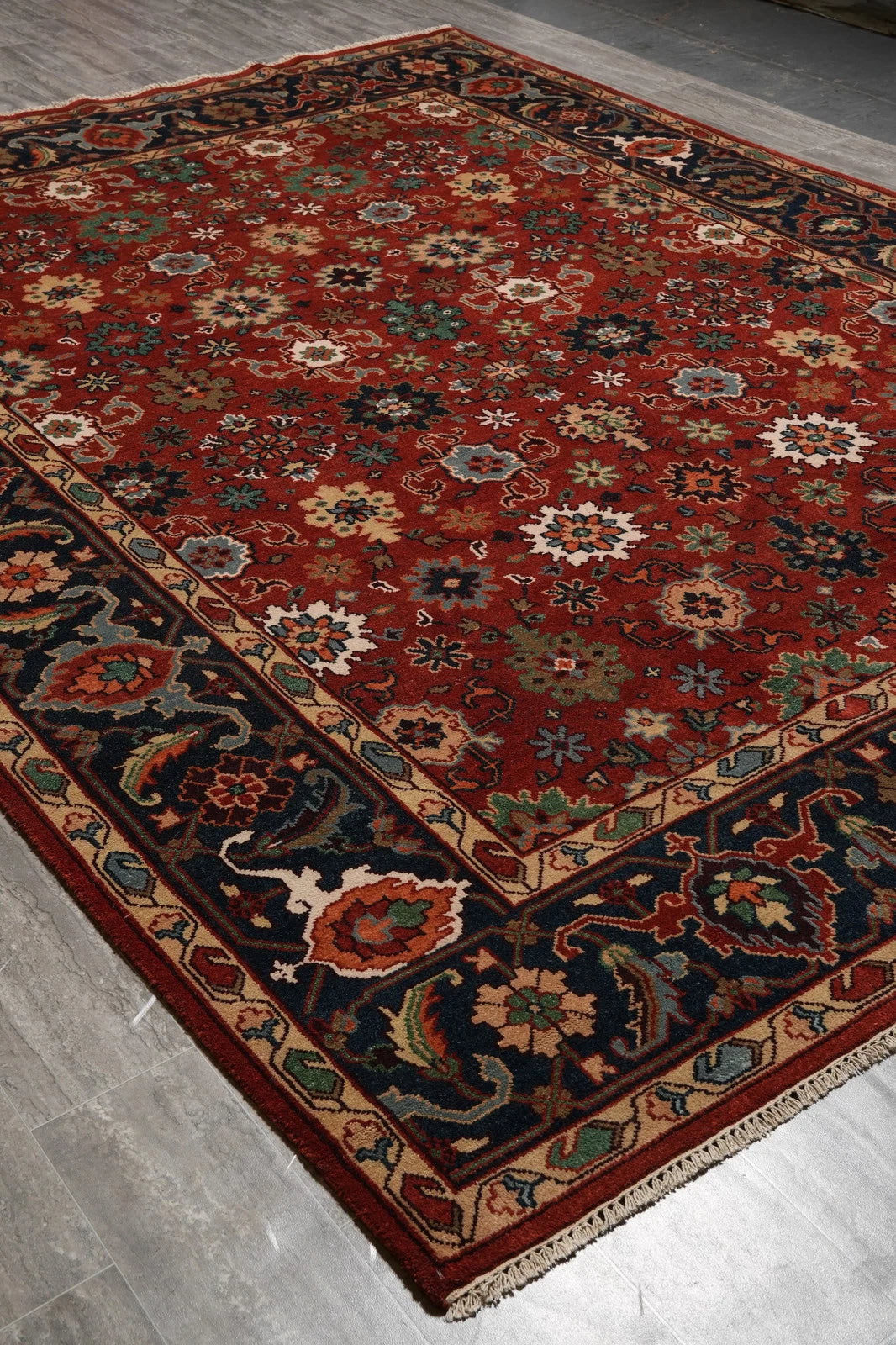 All-Over Floral Oushak Crimson Red and Navy 8x10 Hand Knotted Wool Area Rug