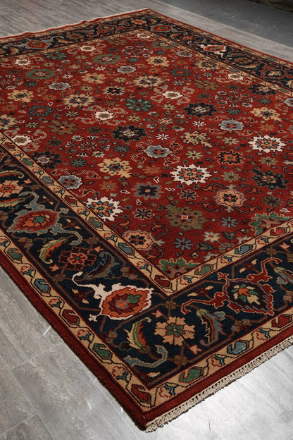 All-Over Floral Oushak Crimson Red and Navy 8x10 Hand Knotted Wool Area Rug