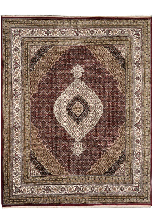 8x10 Premium Burgundy and Ivory Antique Heriz Serapi Hand Knotted Medallion Wool Area Rug