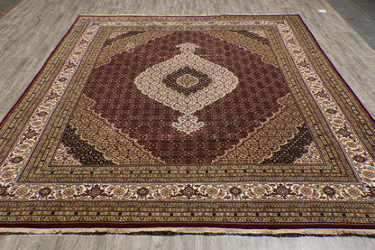 8x10 Premium Burgundy and Ivory Antique Heriz Serapi Hand Knotted Medallion Wool Area Rug