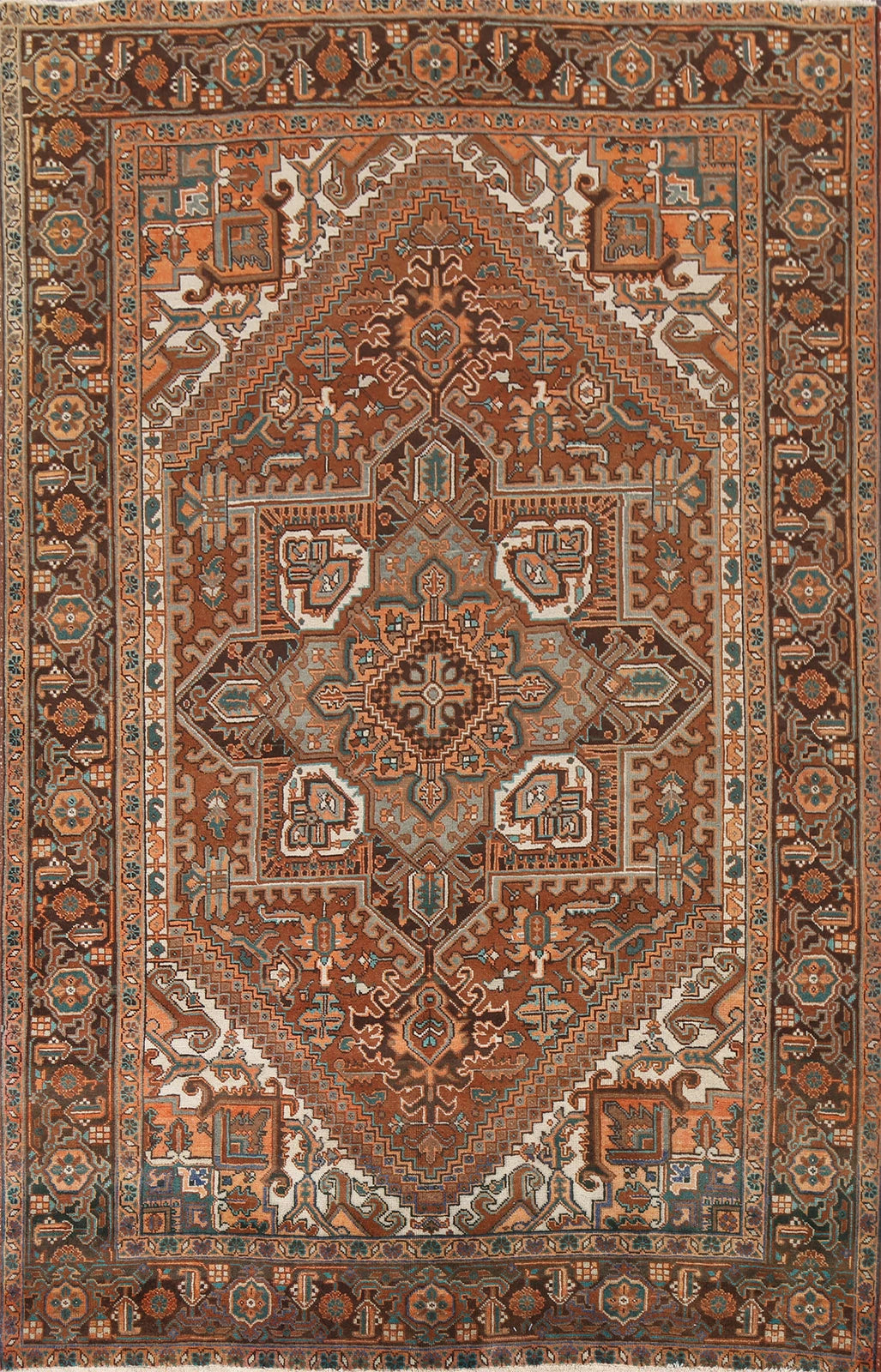 Chocolate Brown and Rust 8x10 Hand Knotted Premium Heriz Serapi Geometric Medallion Wool Area Rug