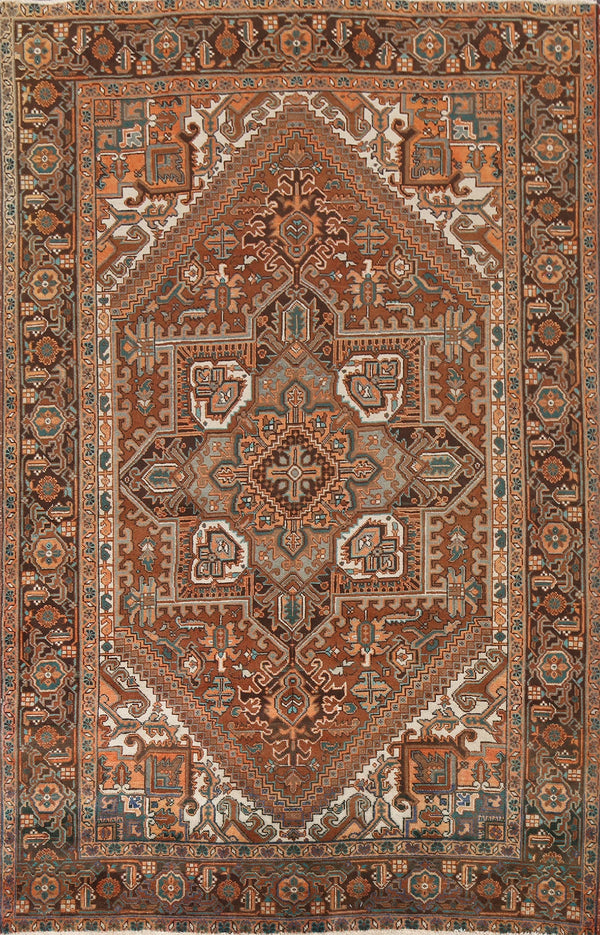 Chocolate Brown and Rust 8x10 Hand Knotted Premium Heriz Serapi Geometric Medallion Wool Area Rug