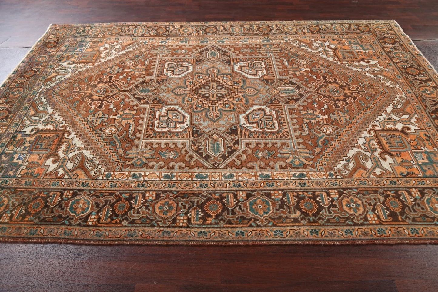 Chocolate Brown and Rust 8x10 Hand Knotted Premium Heriz Serapi Geometric Medallion Wool Area Rug