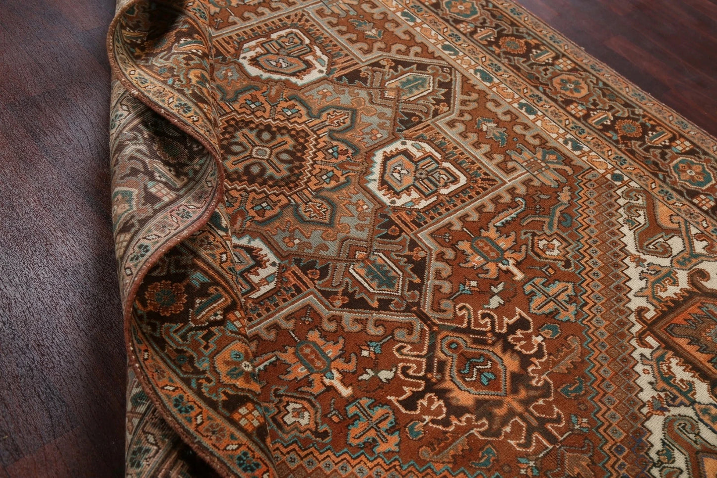 Chocolate Brown and Rust 8x10 Hand Knotted Premium Heriz Serapi Geometric Medallion Wool Area Rug