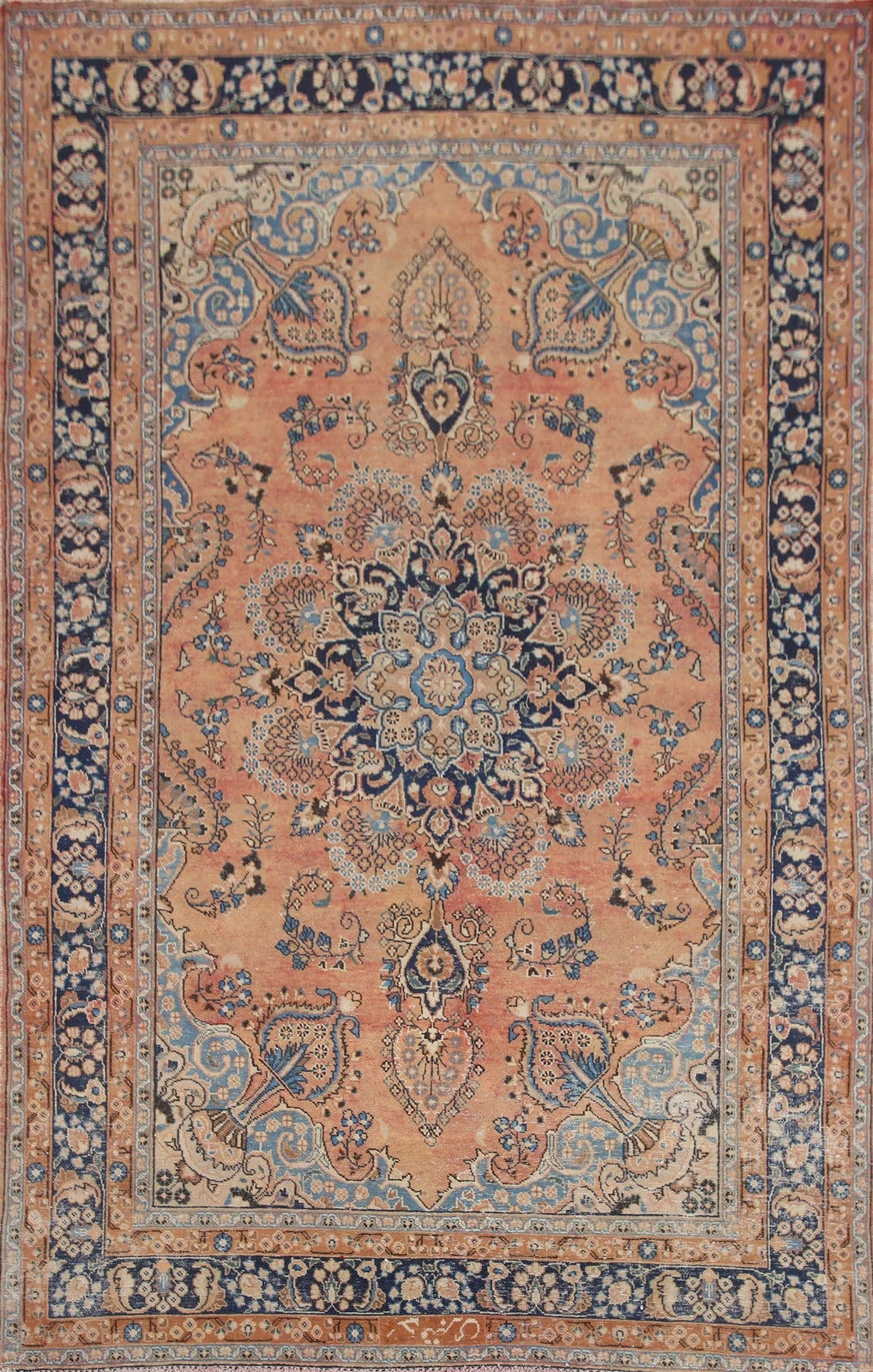 Peach and Navy Antique Floral Medallion Heriz Persian Traditional 8x10 Hand Knotted Wool Area Rug
