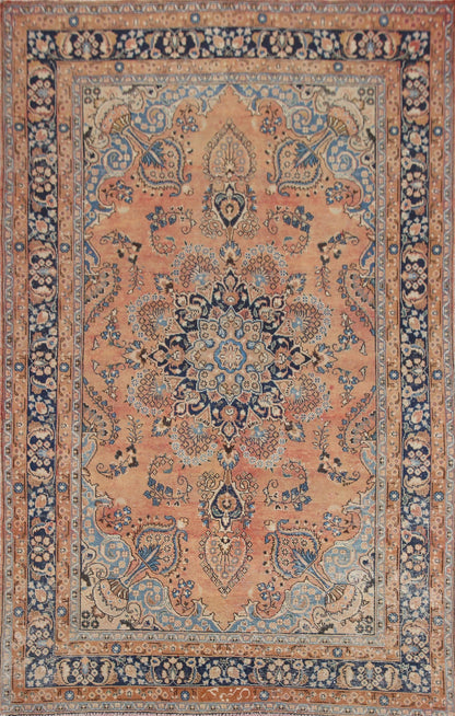Peach and Navy Antique Floral Medallion Heriz Persian Traditional 8x10 Hand Knotted Wool Area Rug
