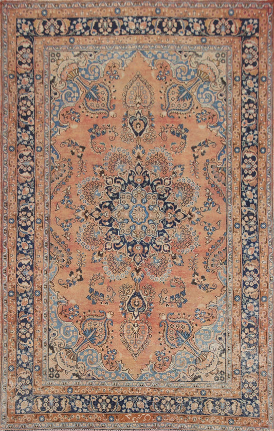 Peach and Navy Antique Floral Medallion Heriz Persian Traditional 8x10 Hand Knotted Wool Area Rug