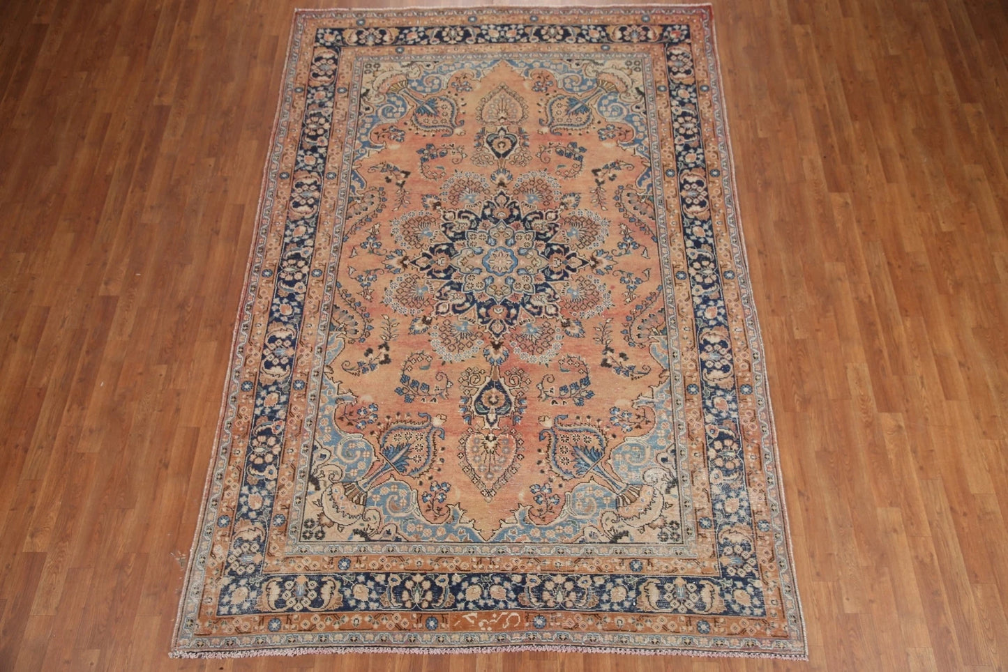 Peach and Navy Antique Floral Medallion Heriz Persian Traditional 8x10 Hand Knotted Wool Area Rug