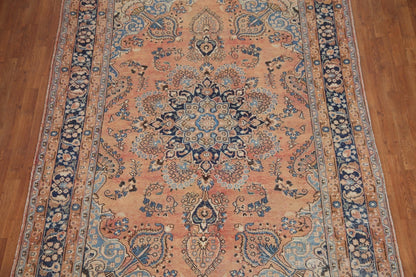 Peach and Navy Antique Floral Medallion Heriz Persian Traditional 8x10 Hand Knotted Wool Area Rug