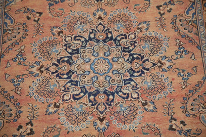 Peach and Navy Antique Floral Medallion Heriz Persian Traditional 8x10 Hand Knotted Wool Area Rug