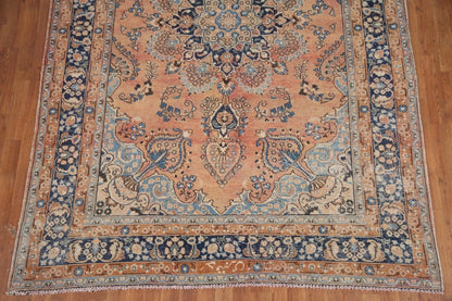 Peach and Navy Antique Floral Medallion Heriz Persian Traditional 8x10 Hand Knotted Wool Area Rug