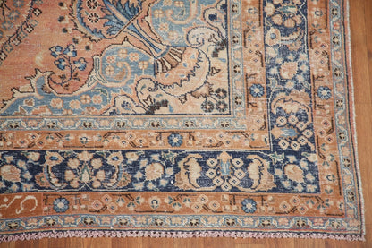 Peach and Navy Antique Floral Medallion Heriz Persian Traditional 8x10 Hand Knotted Wool Area Rug