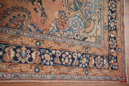 Peach and Navy Antique Floral Medallion Heriz Persian Traditional 8x10 Hand Knotted Wool Area Rug