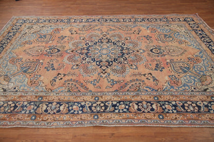 Peach and Navy Antique Floral Medallion Heriz Persian Traditional 8x10 Hand Knotted Wool Area Rug