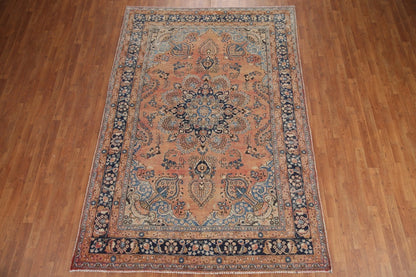 Peach and Navy Antique Floral Medallion Heriz Persian Traditional 8x10 Hand Knotted Wool Area Rug