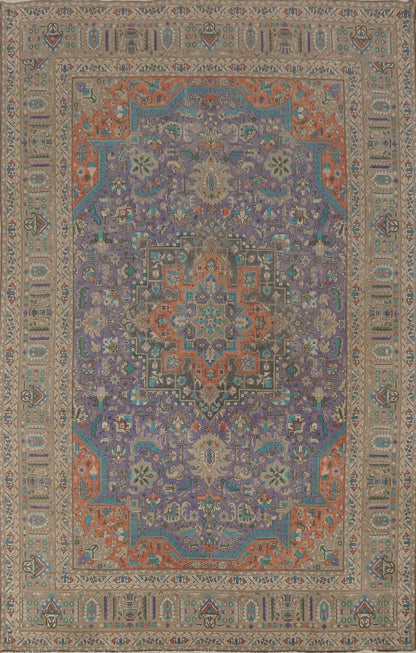 Unique Mauve Purple and Rust 8x10 Hand Knotted Heriz Serapi Geometric Medallion Wool Area Rug