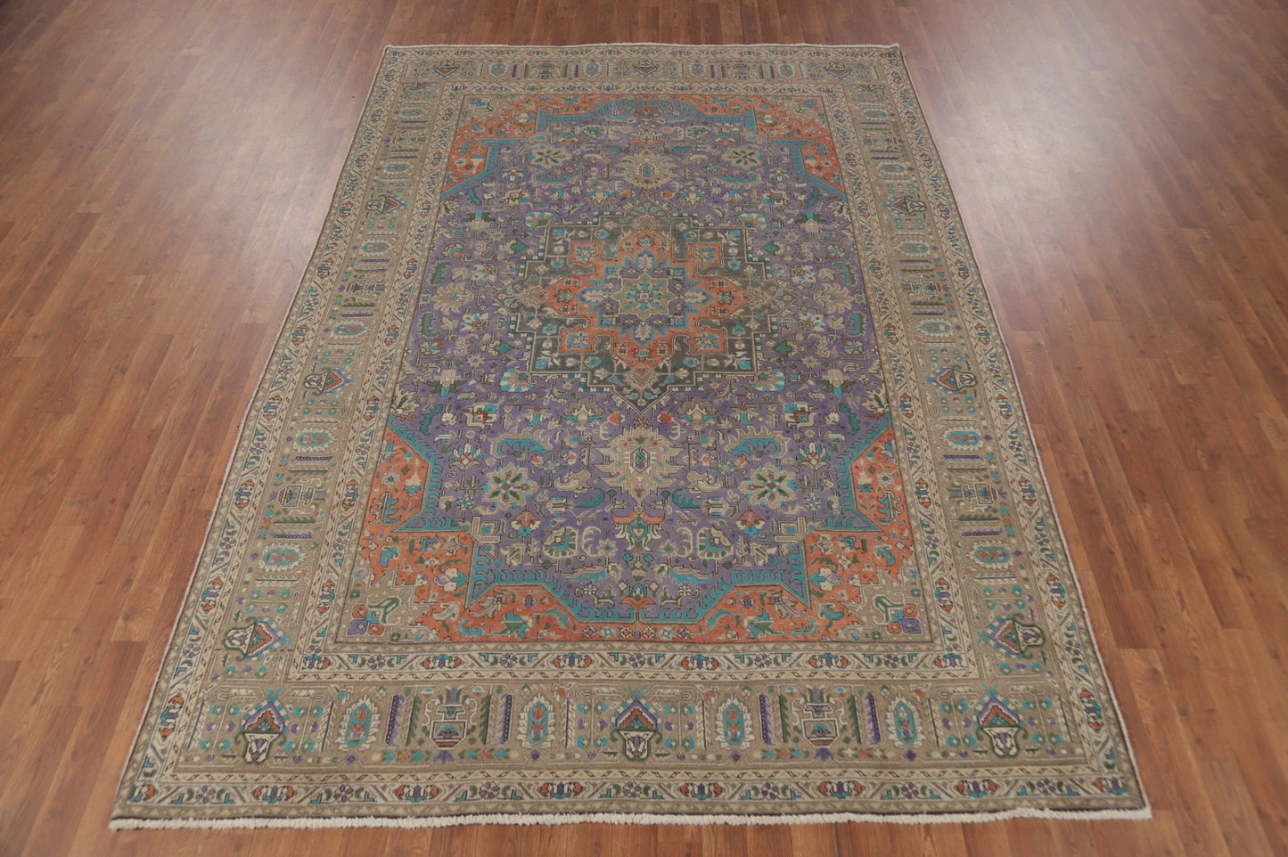 Unique Mauve Purple and Rust 8x10 Hand Knotted Heriz Serapi Geometric Medallion Wool Area Rug