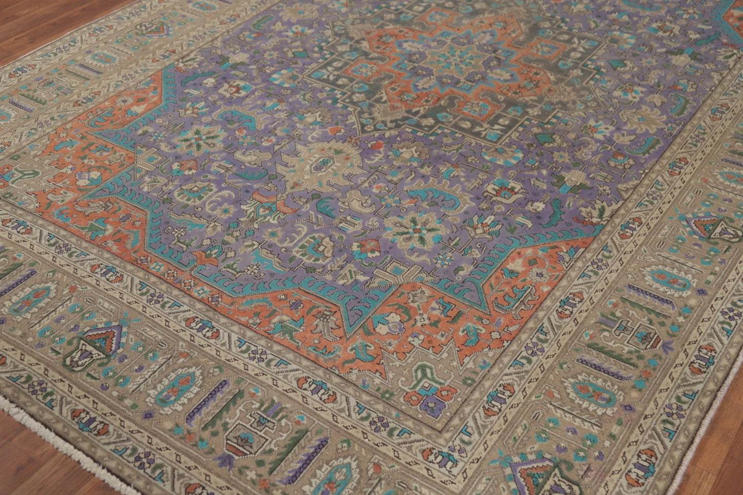 Unique Mauve Purple and Rust 8x10 Hand Knotted Heriz Serapi Geometric Medallion Wool Area Rug