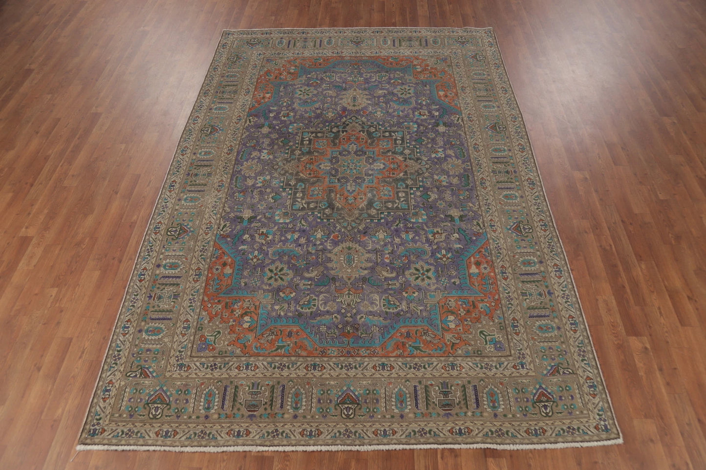Unique Mauve Purple and Rust 8x10 Hand Knotted Heriz Serapi Geometric Medallion Wool Area Rug