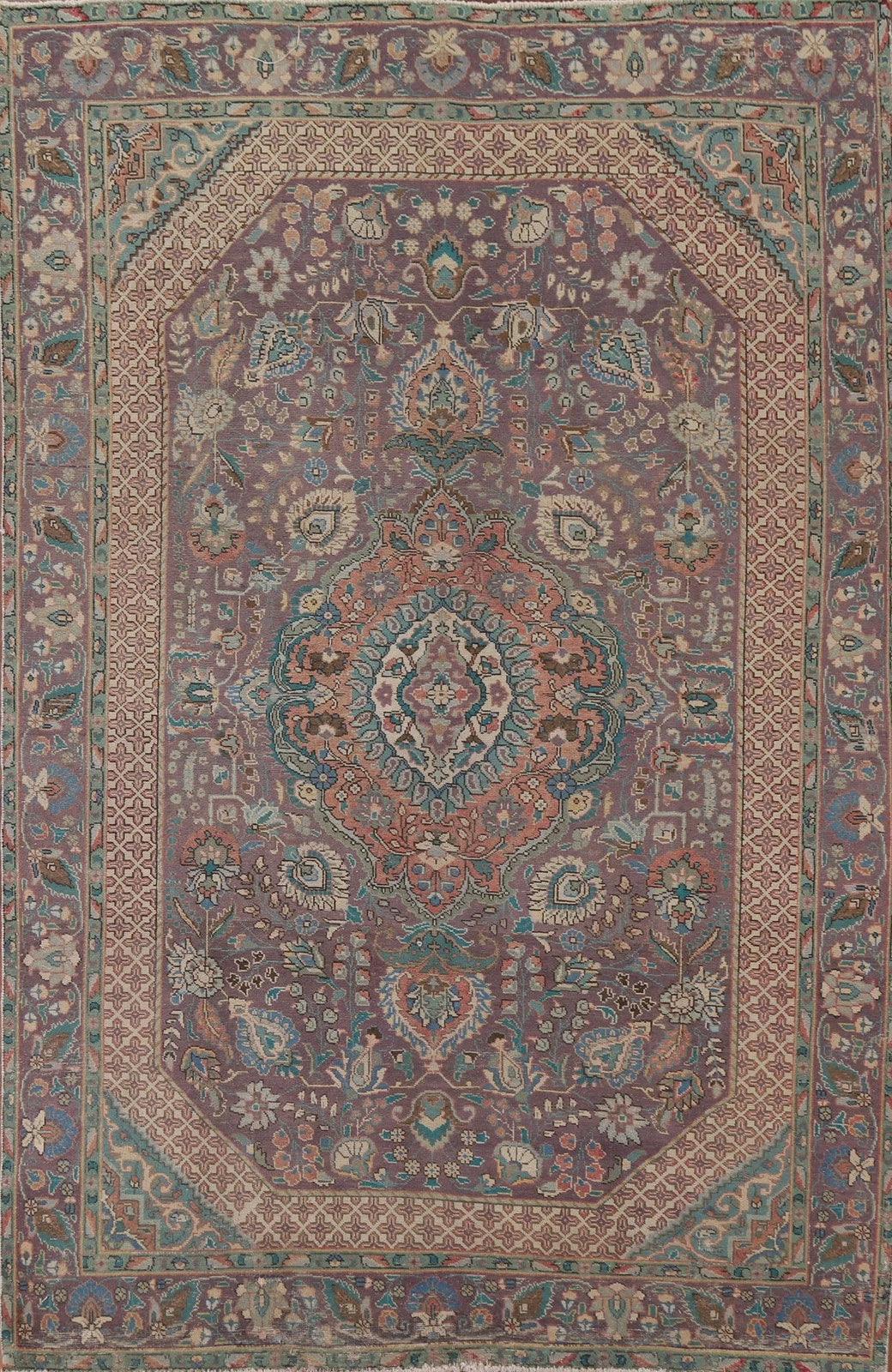 Dusty Mauve and Teal Intricate Floral Medallion Heriz Serapi Traditional 8x10 Hand Knotted Wool Area Rug