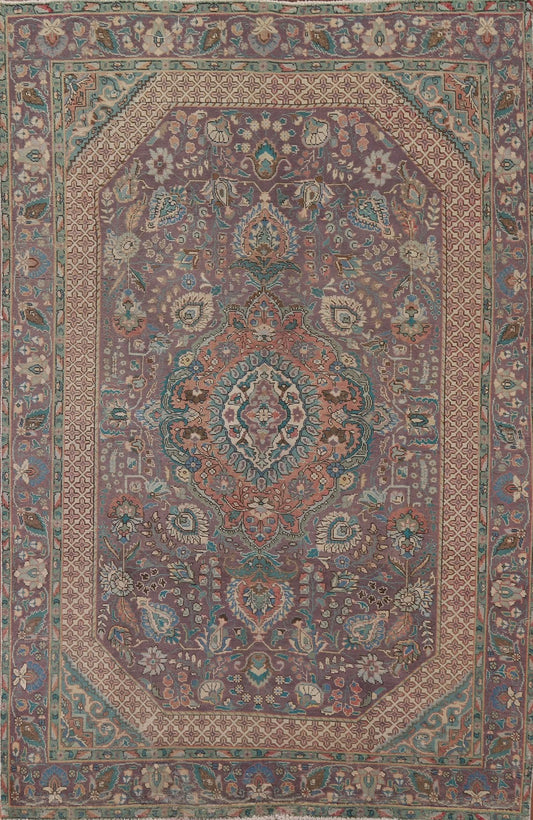 Dusty Mauve and Teal Intricate Floral Medallion Heriz Serapi Traditional 8x10 Hand Knotted Wool Area Rug