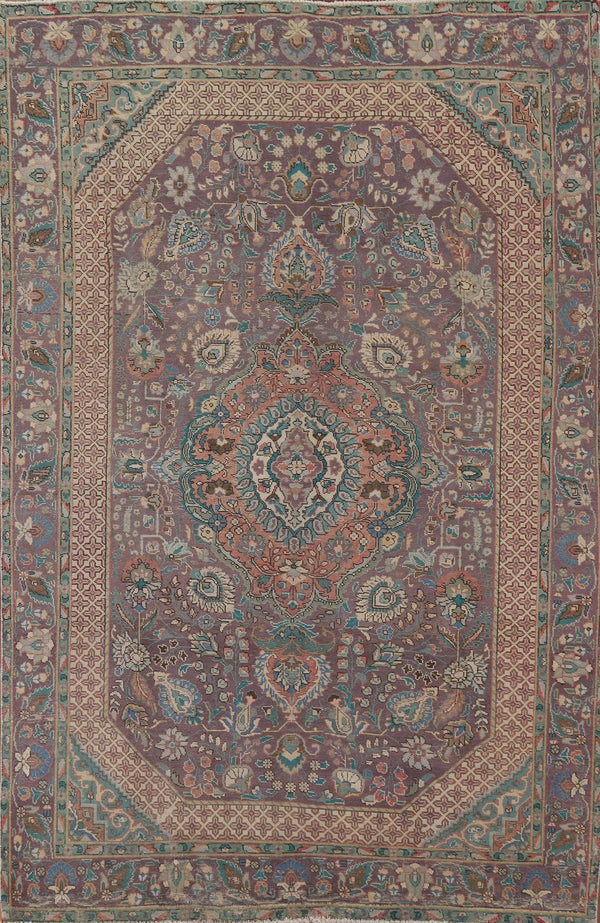 Dusty Mauve and Teal Intricate Floral Medallion Heriz Serapi Traditional 8x10 Hand Knotted Wool Area Rug